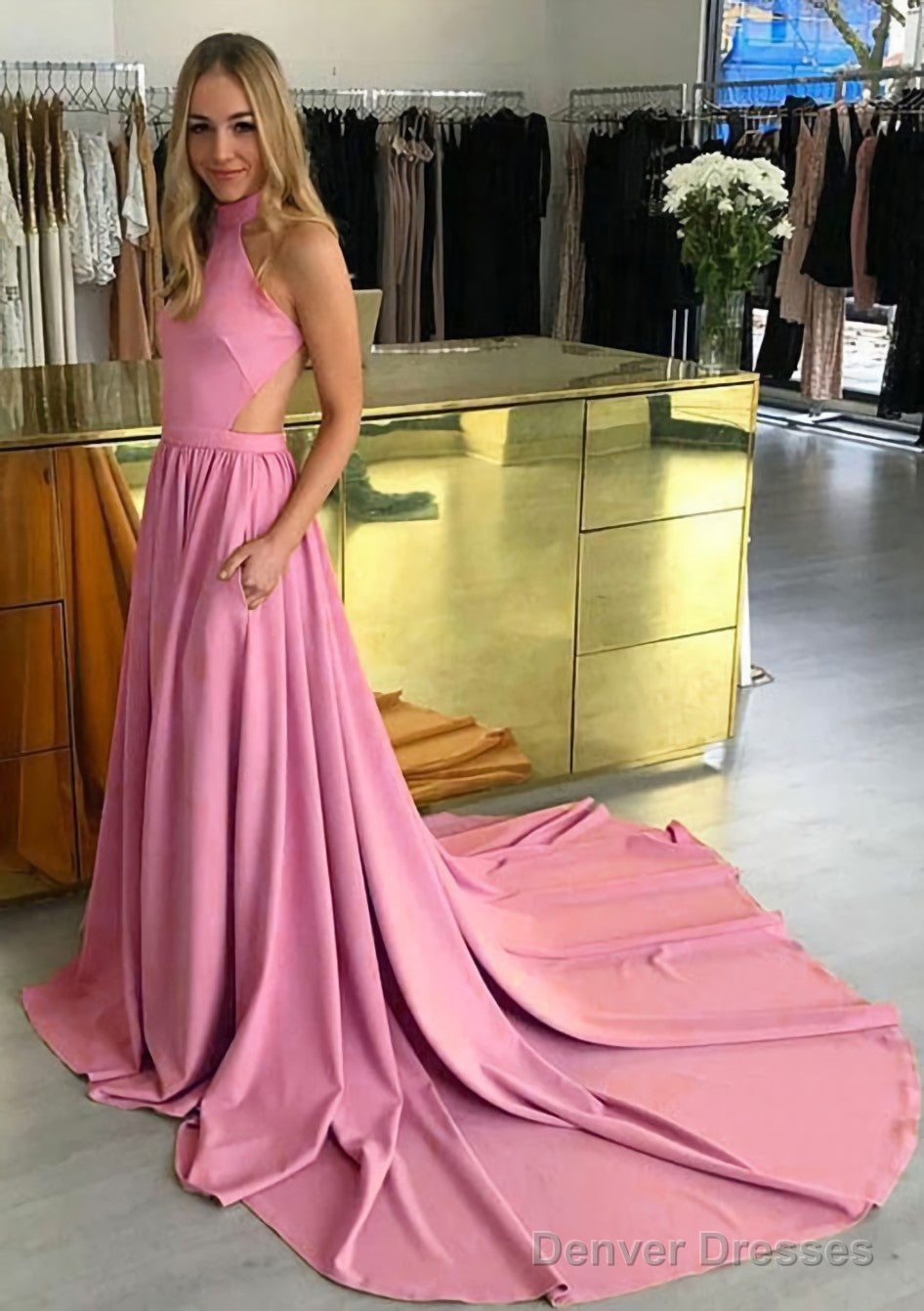 Elastic Satin Prom Dresses A-Line/Princess High-Neck Chapel Train With Pleated Main image