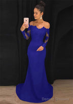 Elastic Satin Prom Dresses Sheath/Column Off-The-Shoulder Court Train With Lace