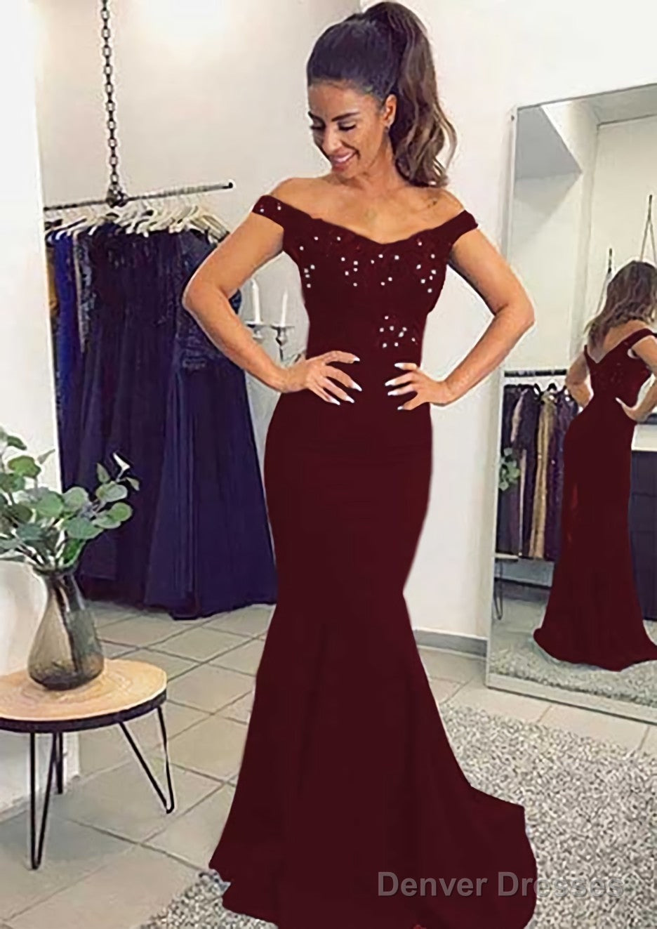 Elastic Satin Prom Dresses Trumpet/Mermaid Off-The-Shoulder Sweep Train With Lace