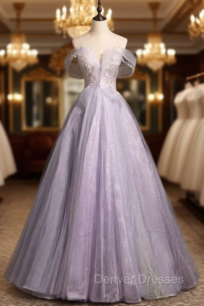 Elegance Purple Tulle Off the Shoulder Beading Prom Dress