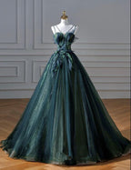 Elegant A Line Dark Green Tulle Long Prom Dress