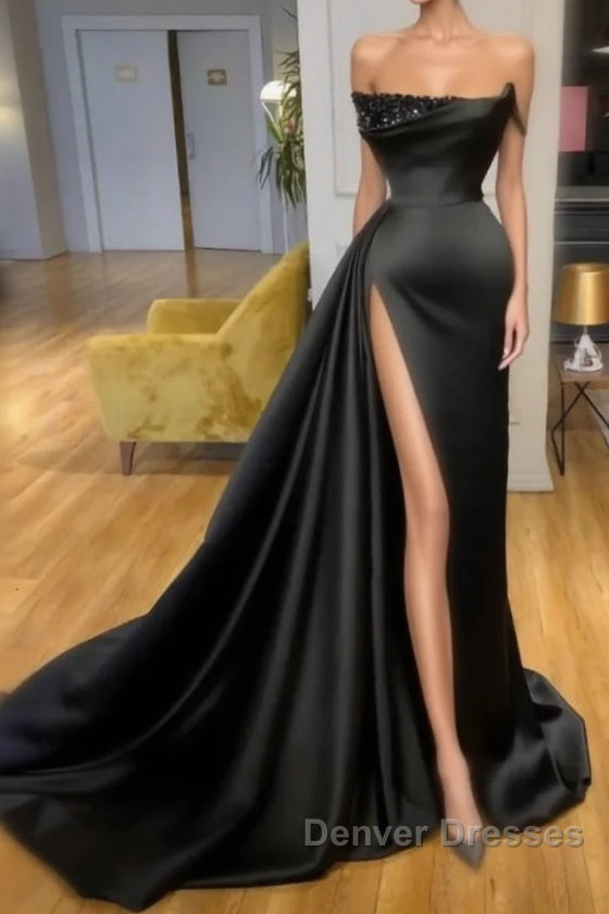 Elegant A-line Graduation Dress Long Black Prom Dress With Split Online Main image