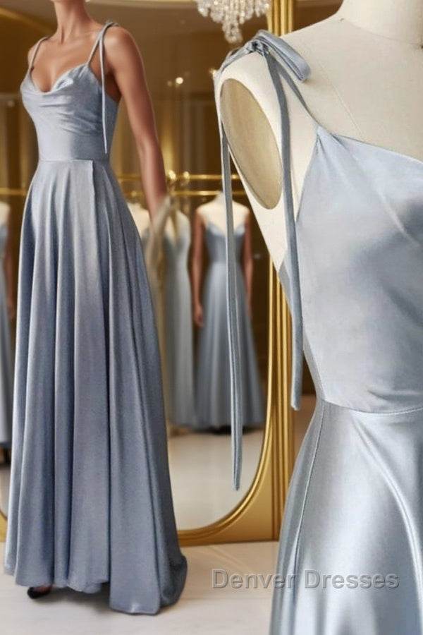 Elegant A Line Gray Satin Long Prom Dress, Gray Formal Graduation Evening Dress Main image