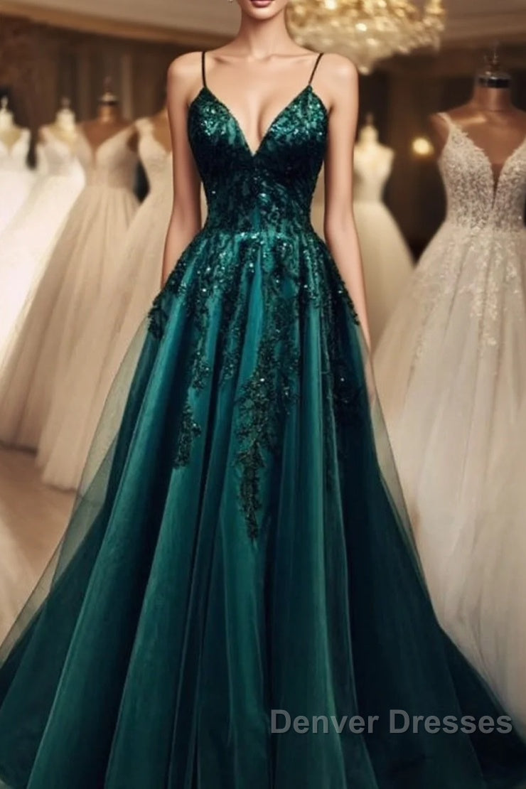 Elegant A Line Green Tulle Spaghetti Straps Appliques Prom Dress Main image