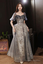 Elegant A-Line  Grey Tulle Short Sleeves Long Party Dress, Grey Evening Dress