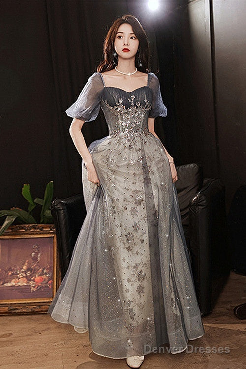 Elegant A-Line  Grey Tulle Short Sleeves Long Party Dress, Grey Evening Dress Main image