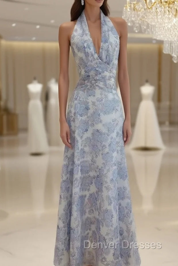 Elegant A Line Halter Lilac Floral Chiffon Long Evening Dress Outfits Main image