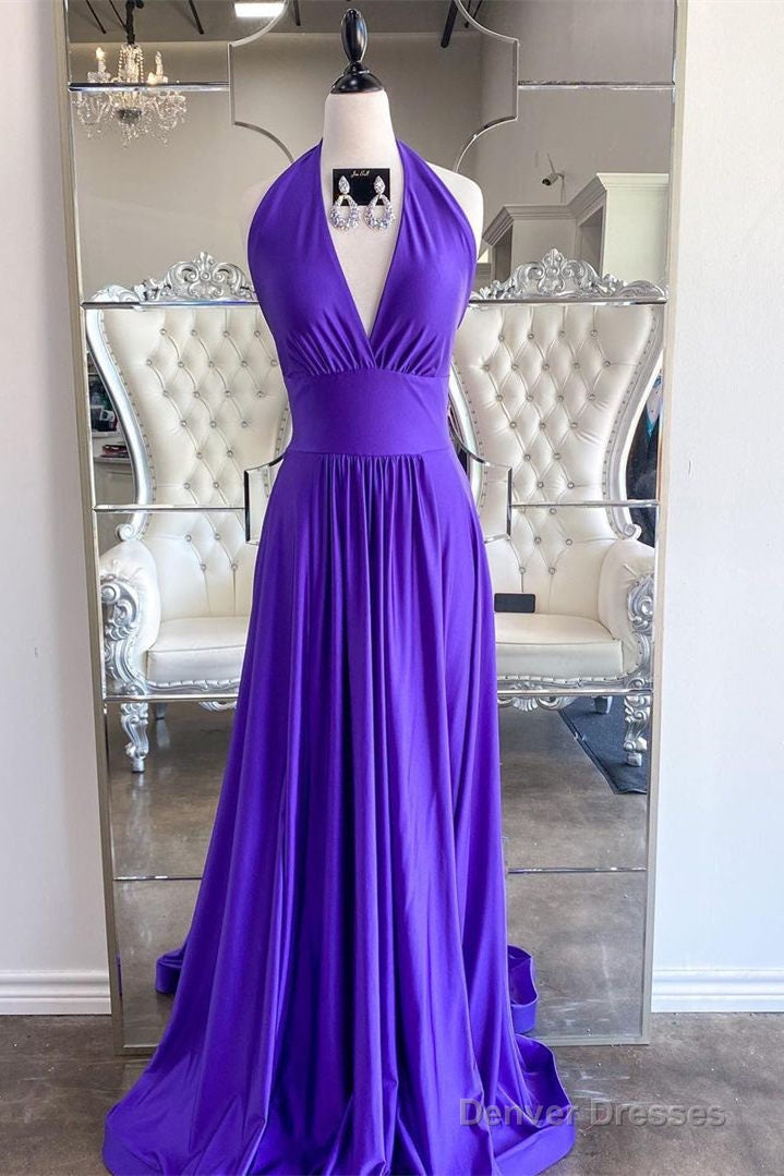Elegant A-Line Halter Purple Long Prom Dress Main image