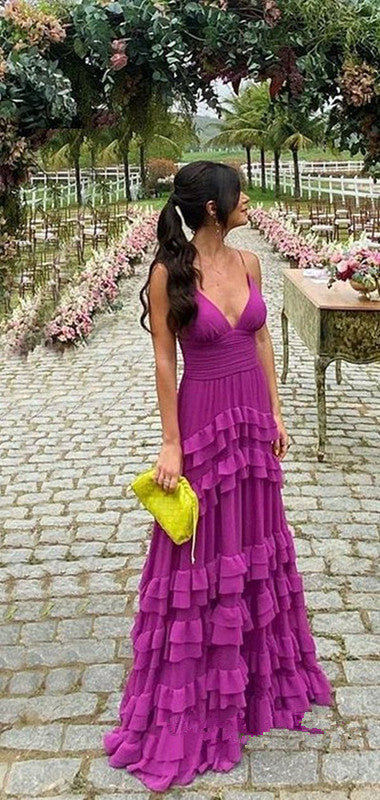 Elegant A Line Long Tiered Chiffon Prom Dress 22Th Birthday Outfits