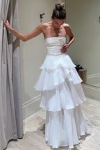 Elegant A Line Long White Tiered Prom Dress 21Th Birthday Outfits