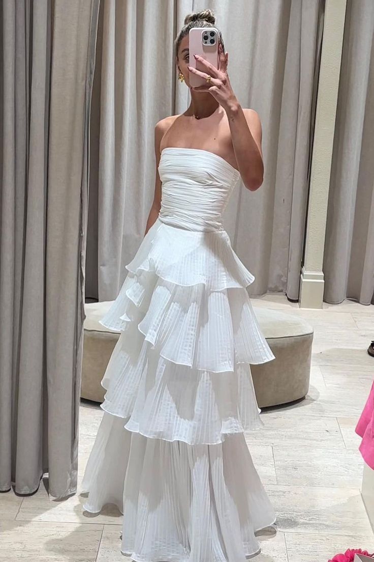 Elegant A Line Long White Tiered Prom Dress 21Th Birthday Outfits Main image