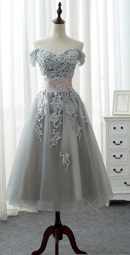 Elegant A-line Off Shoulder Lace Appliques Tea-Length Bridesmaid Dress Secondary image