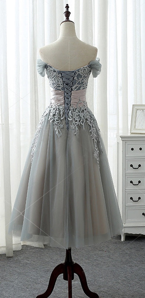 Elegant A-line Off Shoulder Lace Appliques Tea-Length Bridesmaid Dress