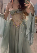 Elegant A Line Off The Shoulder Floor-Length Tulle Long Sleeves Evening Dress Prom Dress