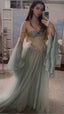 Elegant A Line Off The Shoulder Floor-Length Tulle Long Sleeves Evening Dress Prom Dress