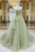 Elegant A Line Open Back Green Tulle Long Prom Dress, Green Formal Graduation Evening Dress
