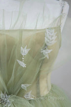 Elegant A Line Open Back Green Tulle Long Prom Dress, Green Formal Graduation Evening Dress