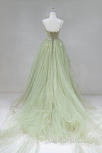 Elegant A Line Open Back Green Tulle Long Prom Dress, Green Formal Graduation Evening Dress