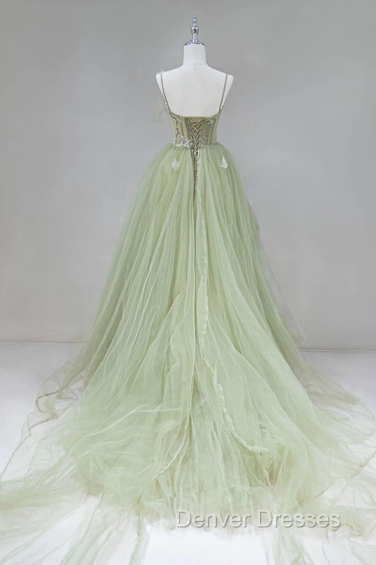 Elegant A Line Open Back Green Tulle Long Prom Dress, Green Formal Graduation Evening Dress