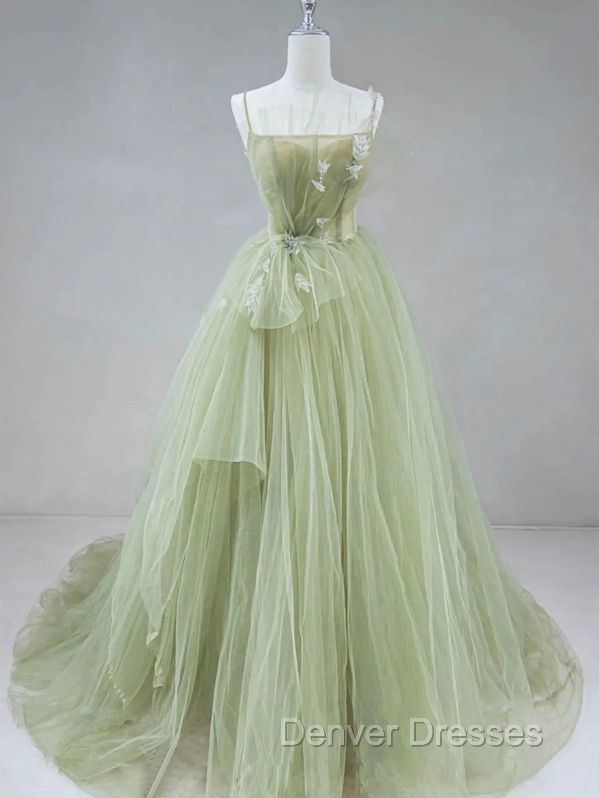 Elegant A Line Open Back Green Tulle Long Prom Dress, Green Formal Graduation Evening Dress