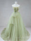 Elegant A Line Open Back Green Tulle Long Prom Dress, Green Formal Graduation Evening Dress