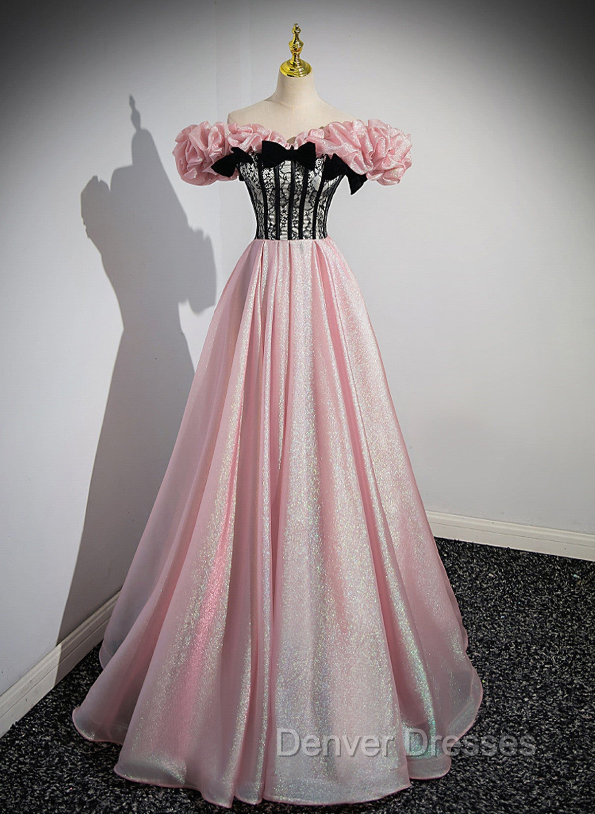 Elegant A-line Pink Off Shoulder Long Evening Dress, Pink with Black Lace Long Prom Dress Main image