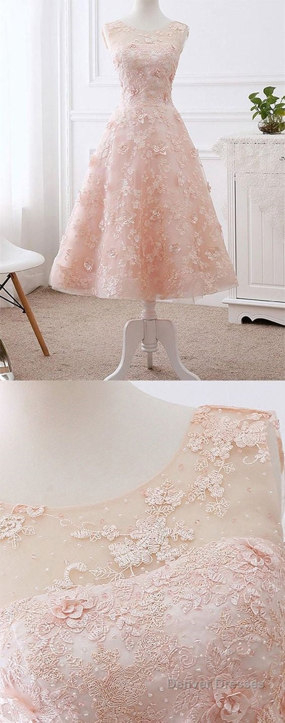 Elegant A-Line Scoop Neck Tea Length Lace Pink Short Homecoming Dress Main image