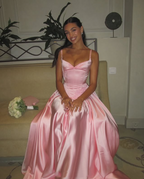 Elegant A Line Spaghetti Straps Floor-Length Satin Long Pink Evening Dress Prom Dress