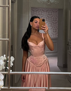 Elegant A Line Spaghetti Straps Floor-Length Satin Long Pink Evening Dress Prom Dress