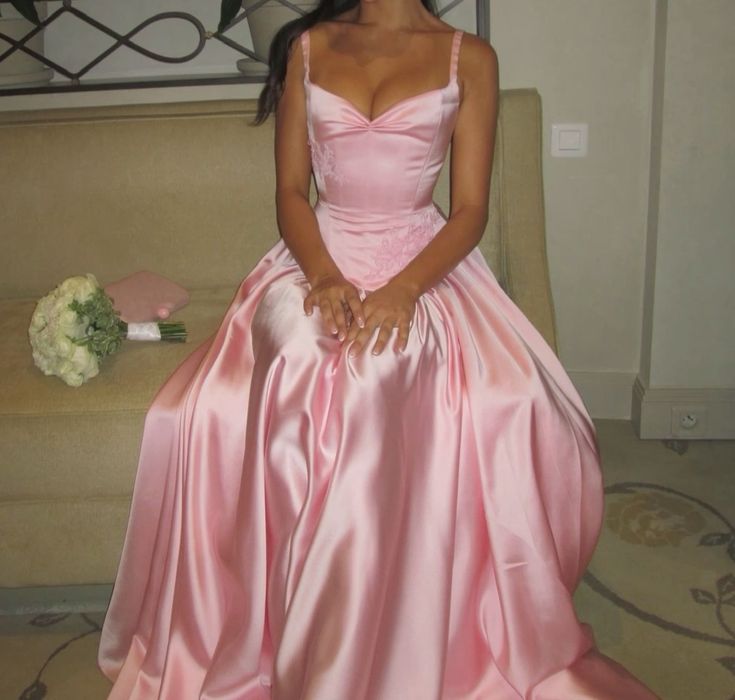 Elegant A Line Spaghetti Straps Floor-Length Satin Long Pink Evening Dress Prom Dress Main image