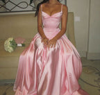 Elegant A Line Spaghetti Straps Floor-Length Satin Long Pink Evening Dress Prom Dress