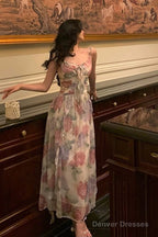 Elegant A Line Spaghetti Straps Pink Floral Prom Dresses Birthday Outfits Evening Gown