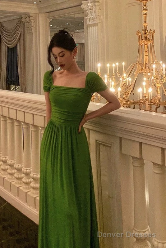 Elegant A Line Square Neckline Green Long Prom Dresses Birthday Outfits Evening Gown