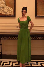 Elegant A Line Square Neckline Green Long Prom Dresses Birthday Outfits Evening Gown