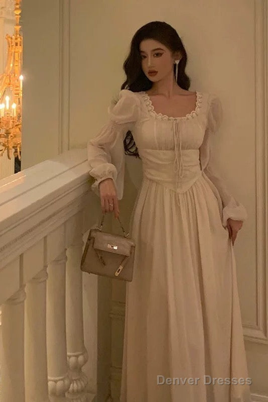 Elegant A Line Square Neckline Long Sleeves White Chiffon Prom Dresses Birthday Outfits Evening Gown Secondary image