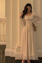 Elegant A Line Square Neckline Long Sleeves White Chiffon Prom Dresses Birthday Outfits Evening Gown