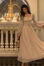 Elegant A Line Square Neckline Long Sleeves White Chiffon Prom Dresses Birthday Outfits Evening Gown