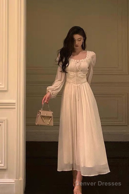 Elegant A Line Square Neckline Long Sleeves White Chiffon Prom Dresses Birthday Outfits Evening Gown Main image