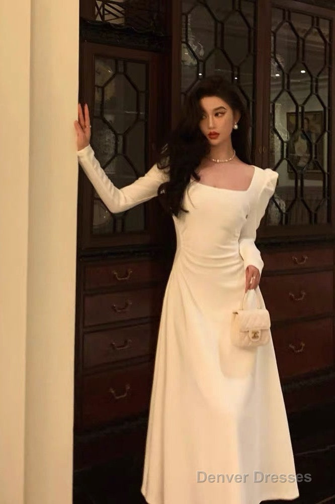 Elegant A Line Square Neckline Long Sleeves White Prom Dresses Birthday Outfits Evening Gown