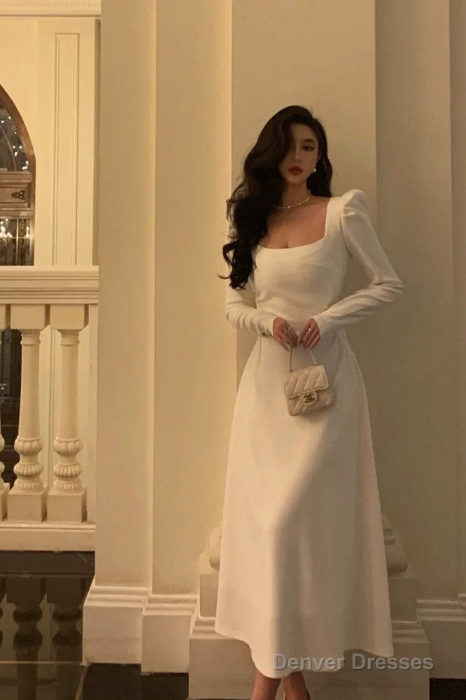 Elegant A Line Square Neckline Long Sleeves White Prom Dresses Birthday Outfits Evening Gown