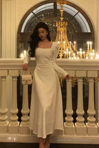 Elegant A Line Square Neckline Long Sleeves White Prom Dresses Birthday Outfits Evening Gown