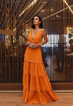 Elegant A Line Strap Long Organge Prom Dress 22Th Birthday Outfits