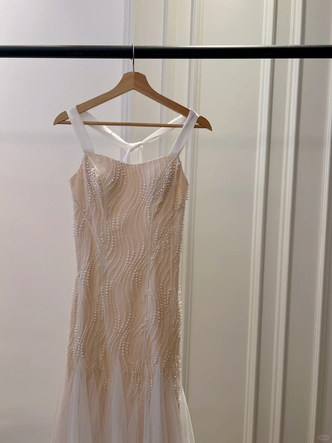 Elegant A-Line Strap Pearl Tulle Long Prom Dress Evening Dress