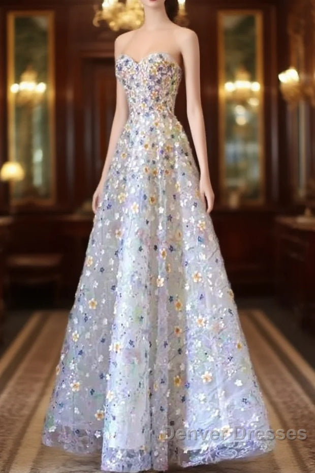 Elegant A Line Strapless Floral Long Prom Dress Main image