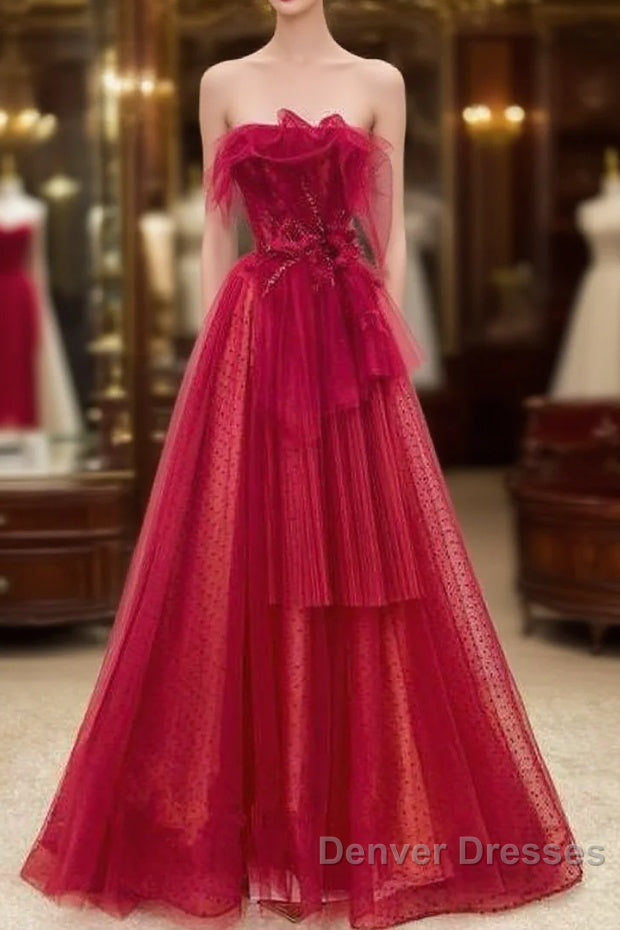 Elegant A Line Strapless Red Tulle Long Prom Dress Main image