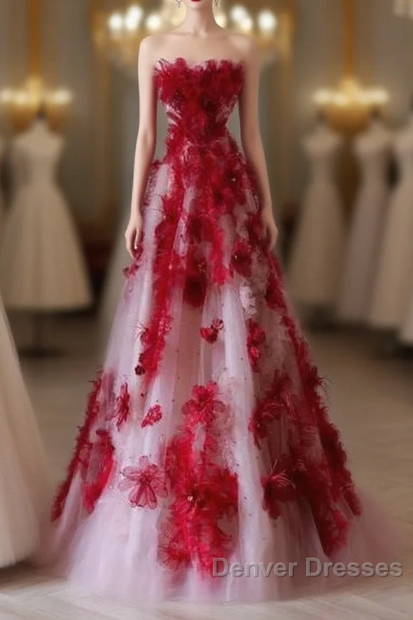 Elegant A Line Strapless Tulle Floral Red Prom Dress Main image