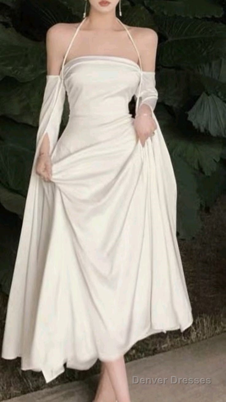 Elegant A Line Straps Long Sleeves Silk Satin White Prom Dresses Formal Dress Main image