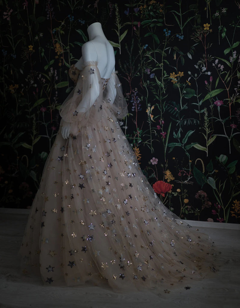 Elegant A Line Sweetheart Bubble Sleeves Tulle Prom Dress With Stars, Formal Dress