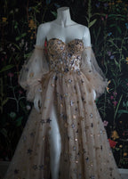 Elegant A Line Sweetheart Bubble Sleeves Tulle Prom Dress With Stars, Formal Dress