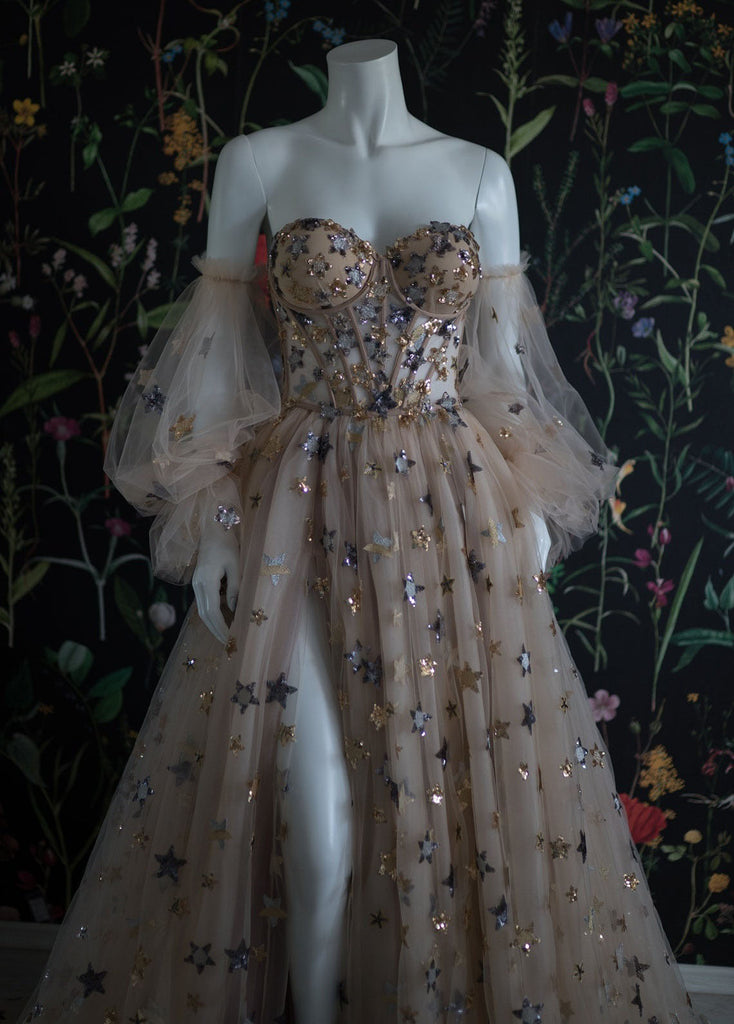 Elegant A Line Sweetheart Bubble Sleeves Tulle Prom Dress With Stars, Formal Dress